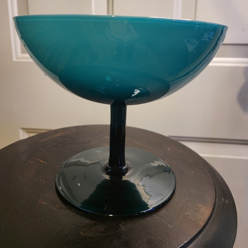 Beautiful Turquoise TEAL EMPOLI CASED GLASS PEDESTAL CANDY DISH